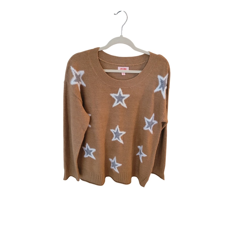 EVRI Womens Plus 0X Star‎ Print Knit Sweater Camel Brown Metallic Long Sleeve